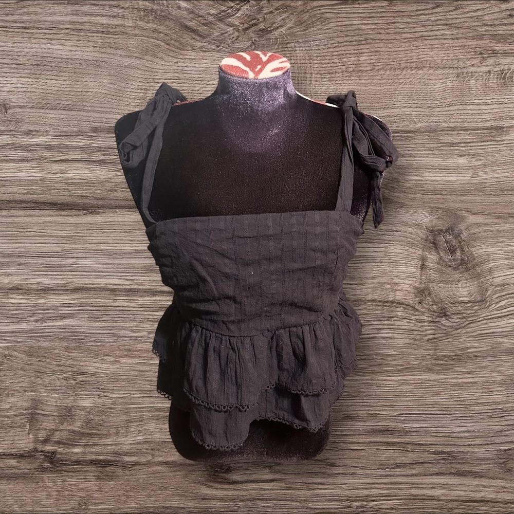 Lost & Wander Black Tank Top Smocked Back Ruffled Size Medium